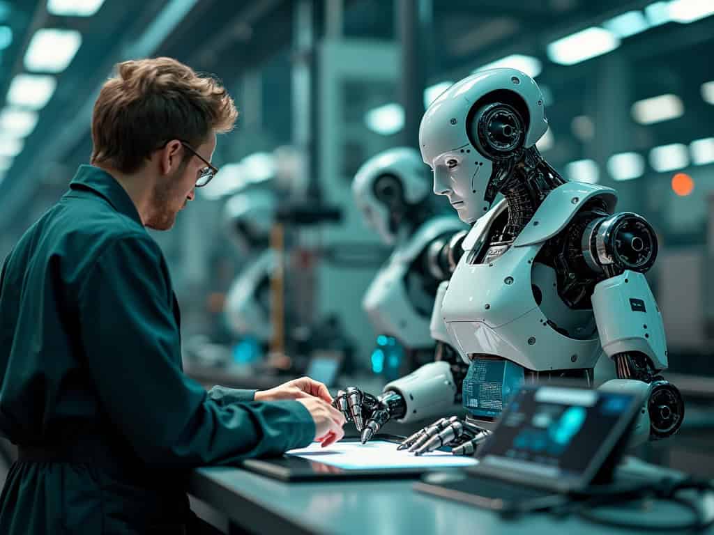 Modern German factory with robots and human workers collaborating, surrounded by AI interfaces