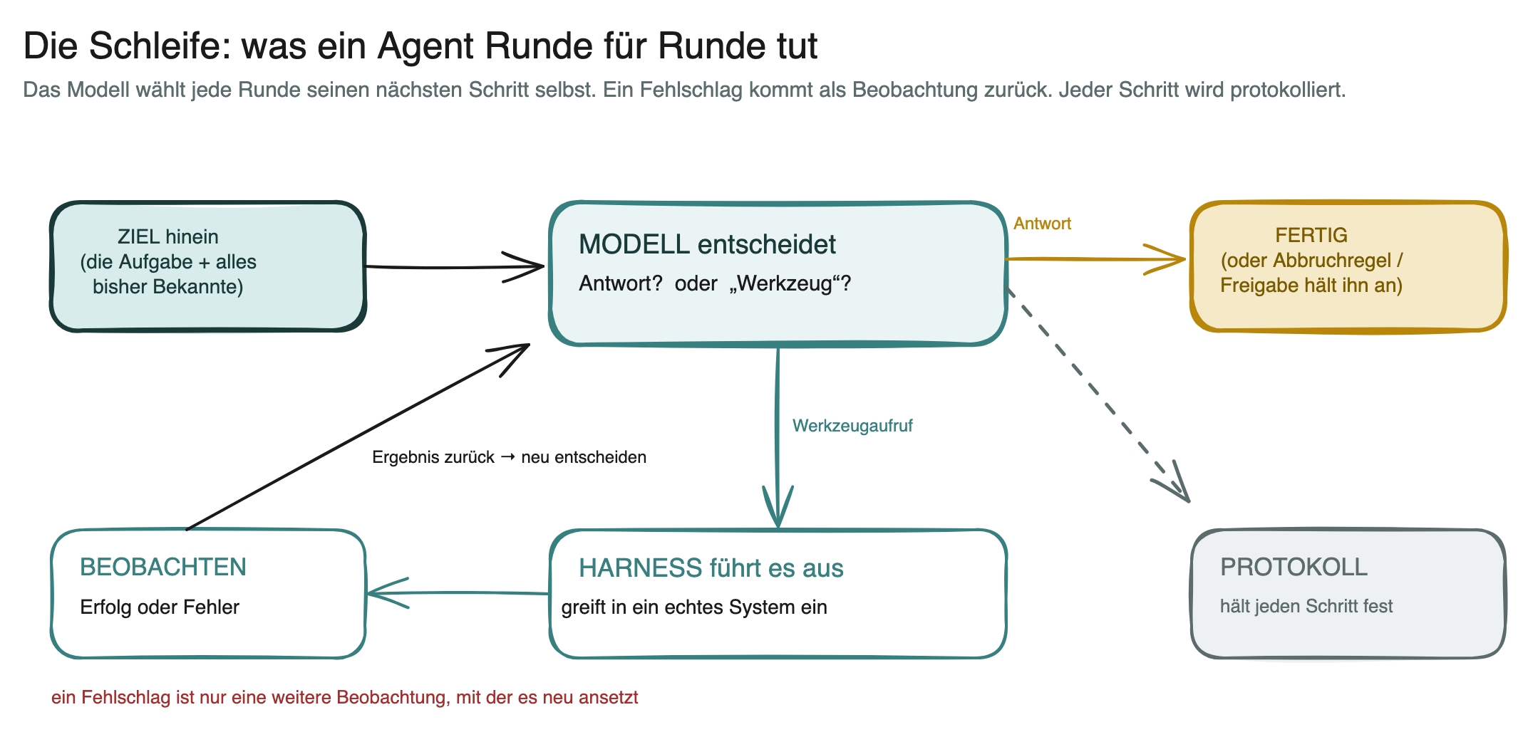 Schaubild: die Schleife – das Ziel geht hinein, das Modell entscheidet zwischen fertiger Antwort und Werkzeugaufruf, das Harness führt den Aufruf aus und meldet Erfolg oder Fehler als Beobachtung zurück, und alles beginnt von vorn, bis der Agent fertig meldet, eine Abbruchregel greift oder der Lauf an einer Freigabe anhält; jeder Schritt wird protokolliert.