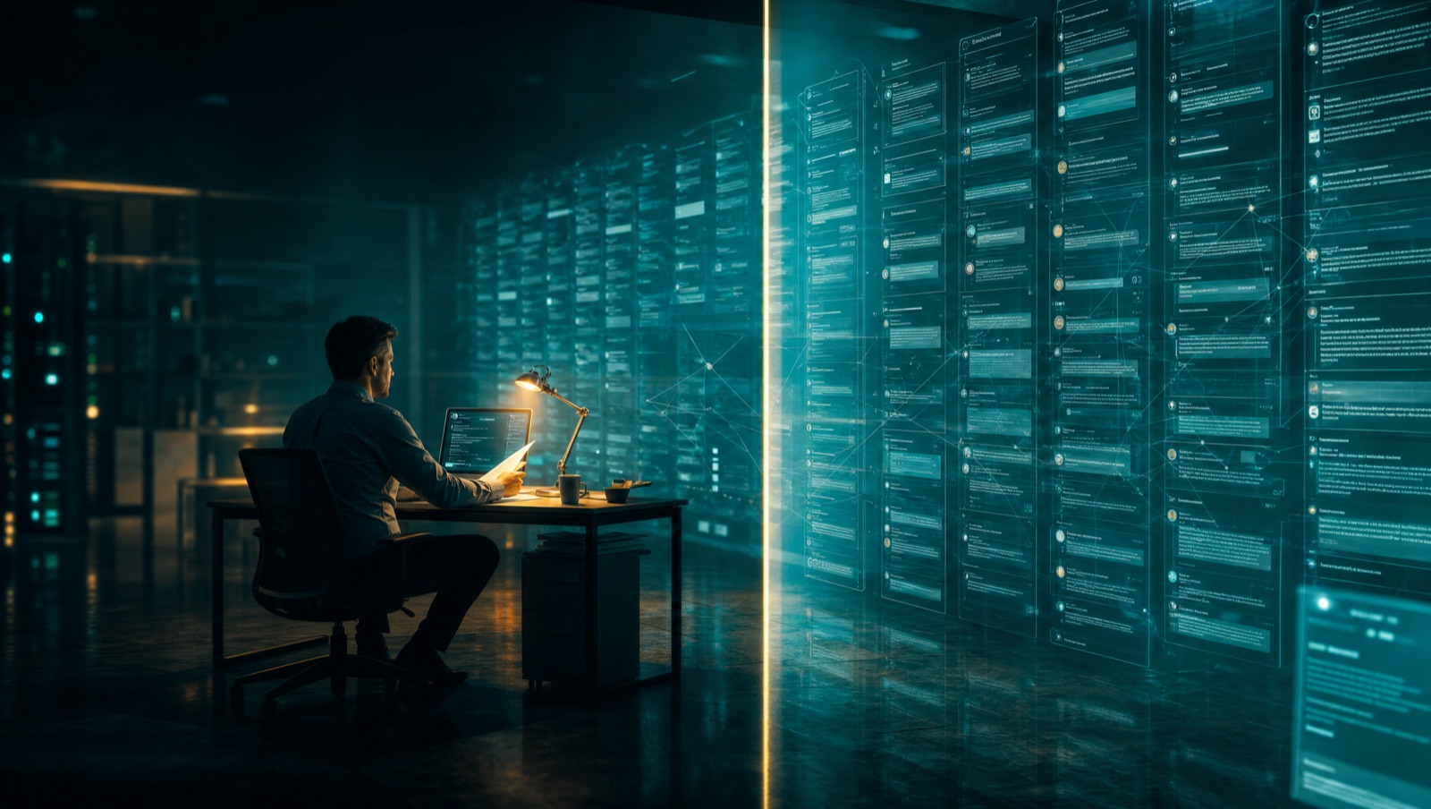 A single lit control desk in a calm, dim operations room, one figure reading a wall of quiet conversation traces — the unglamorous post from which a production healthcare AI agent is watched, gated, and kept safe.