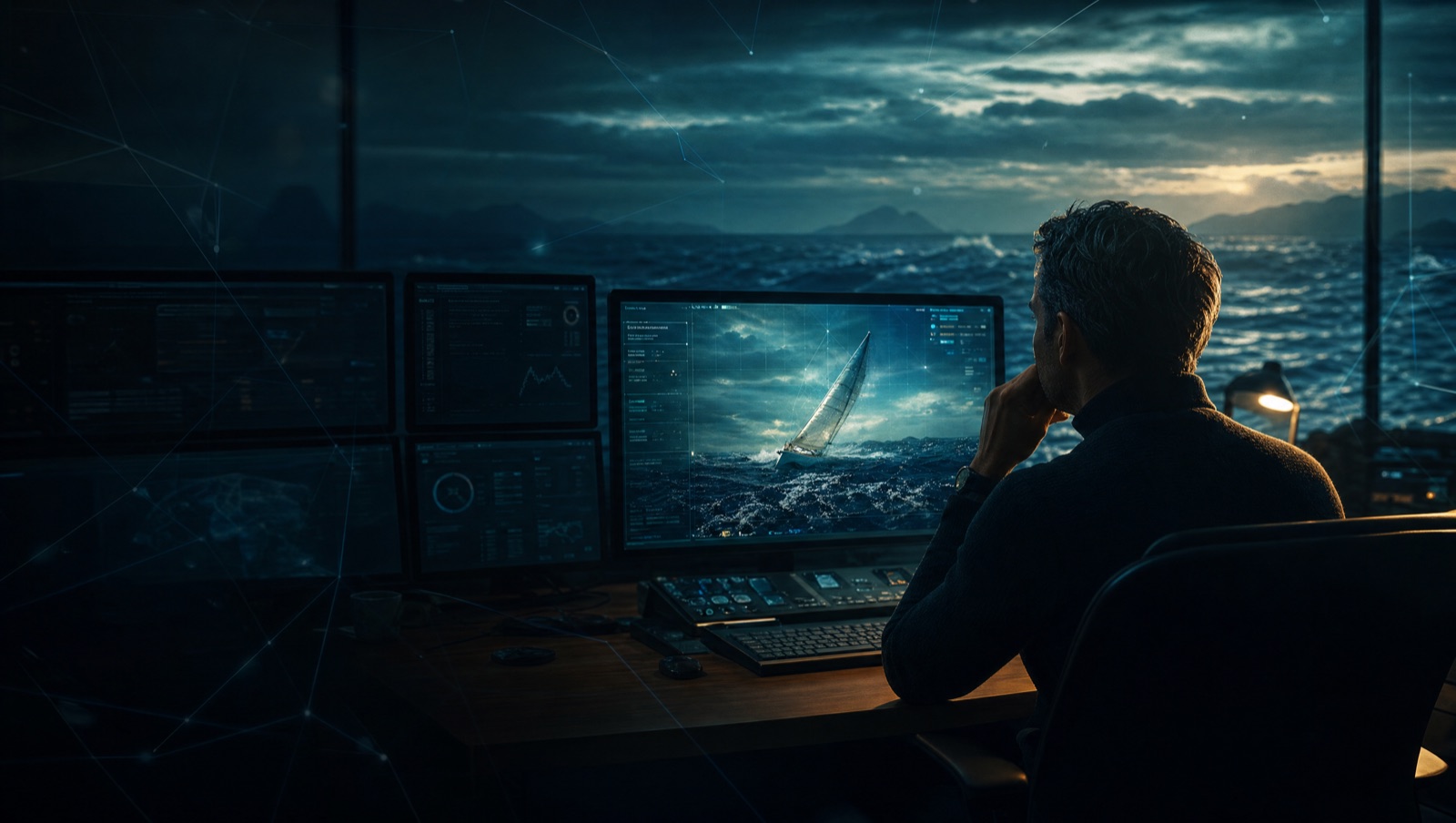 A person sits at a dark desk of monitors at dusk, watching a storm-lit sea on screen and through the window — the calm engineering post from which a production AI agent is watched and kept reliable.