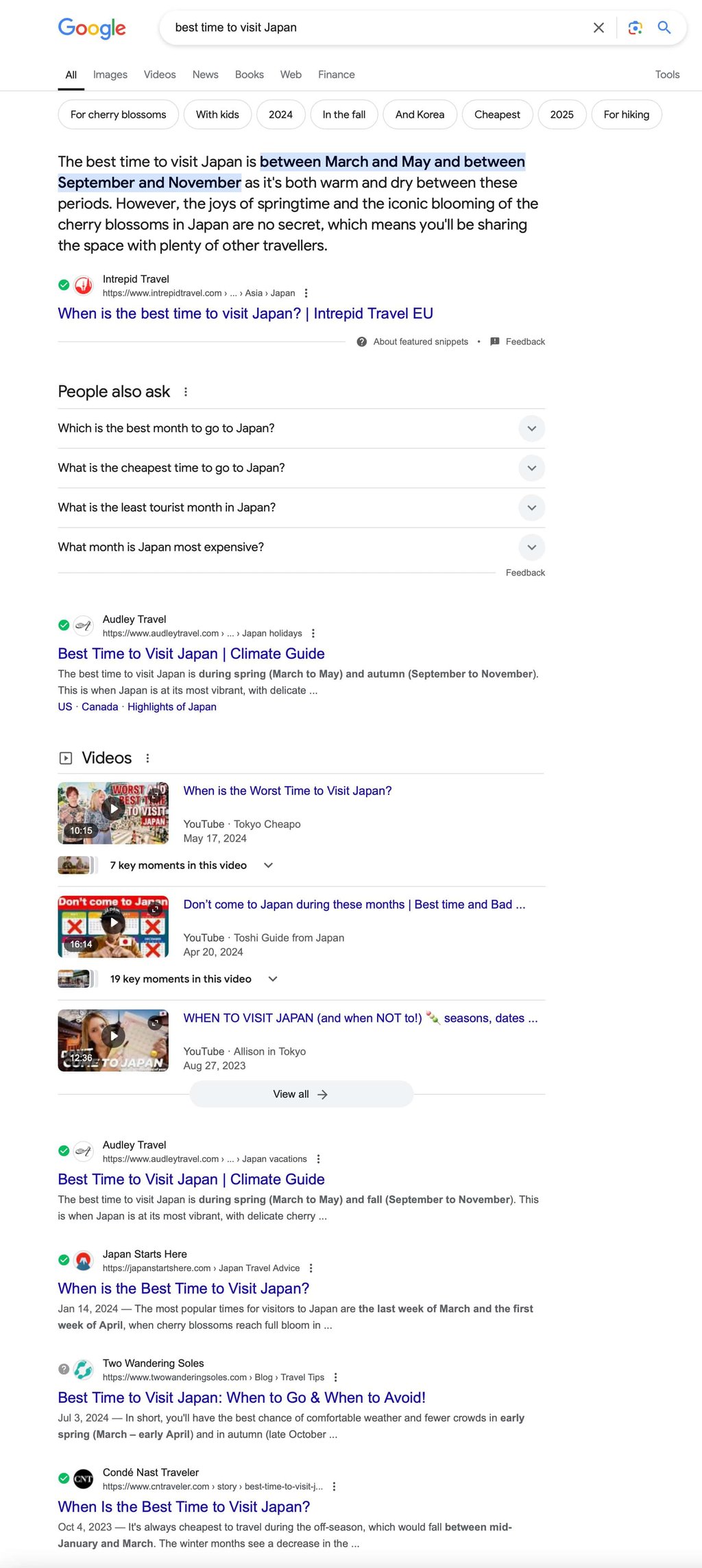 Google search results for a Japan travel or information query, highlighting a conventional search workflow