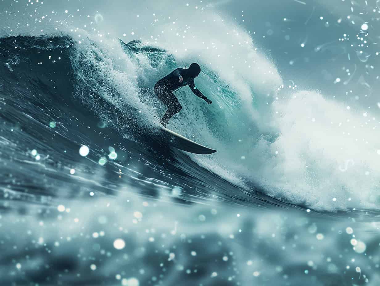 A surfer riding an epic wave, symbolizing leveraging AI as a competitive advantage to navigate market trends and make impactful business decisions.