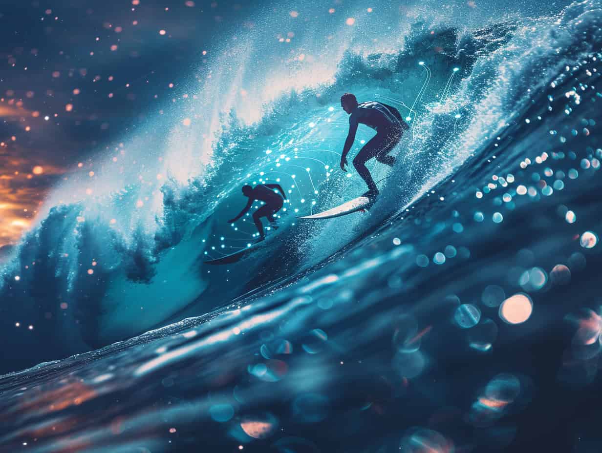 A surfer riding a powerful wave, representing the transformative power of AI in redefining customer interactions and experiences.
