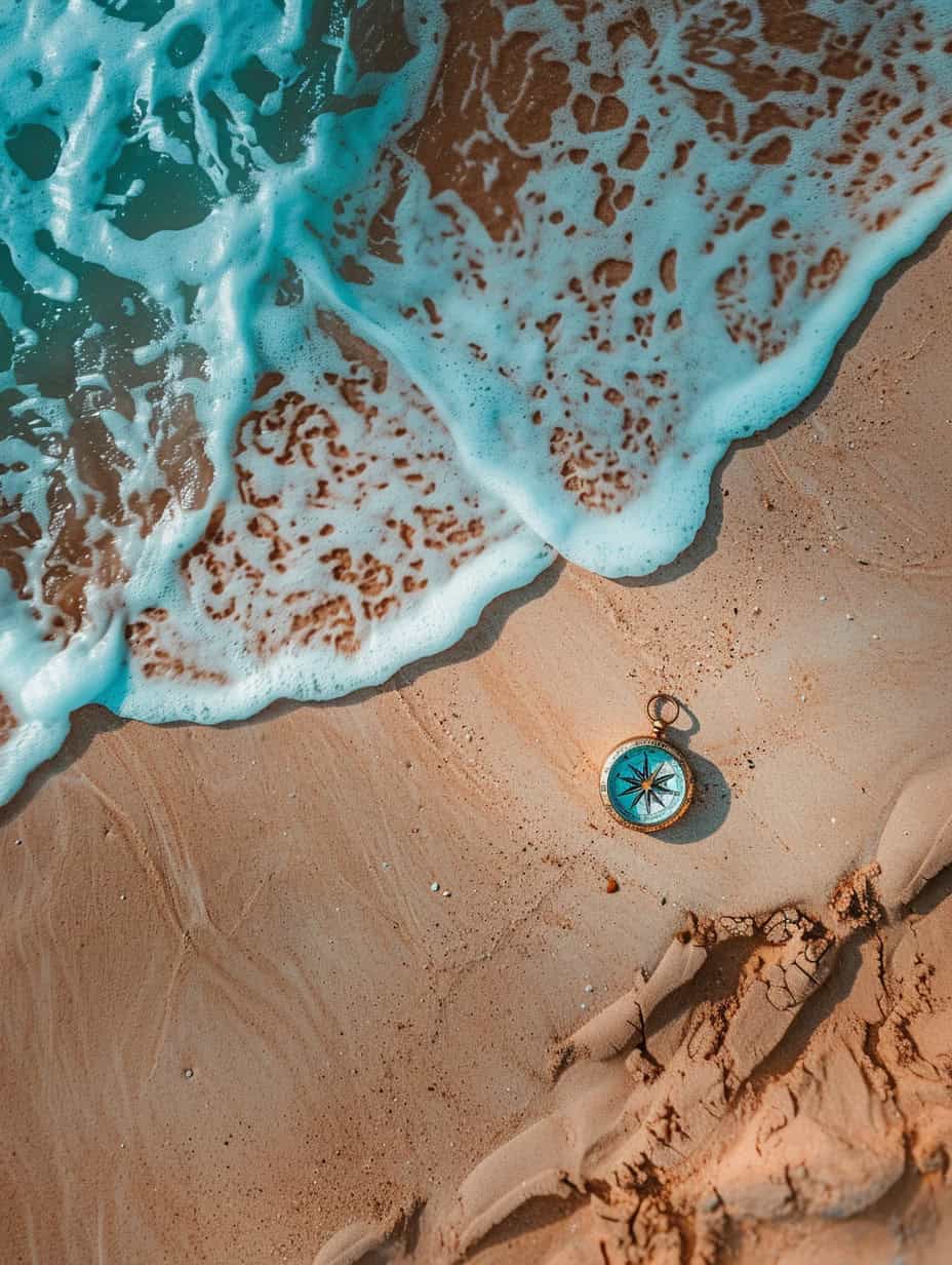 Turquoise ocean waves meeting a sandy beach with a compass, symbolizing navigating the journey of digital transformation